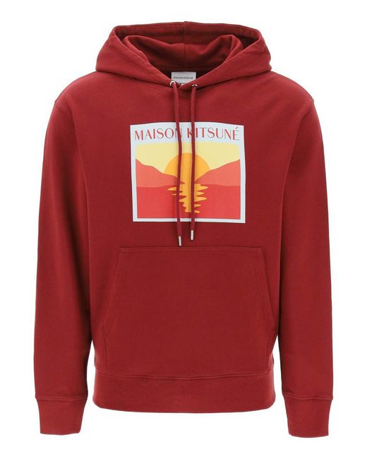 Maison Kitsuné Red Hooded Sweatshirt With Graphic Print for men