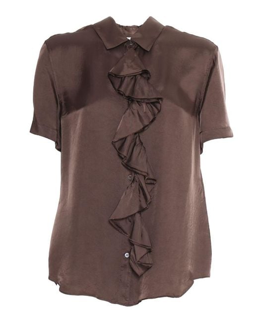 Aspesi Brown Short-Sleeved Blouse With Delicate Ruffle Detail And Lustrous Finish