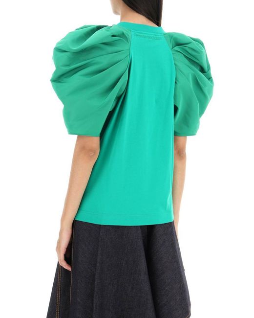 Alexander McQueen Green T-shirt With Ruched Balloon Sleeves In Poly Faille