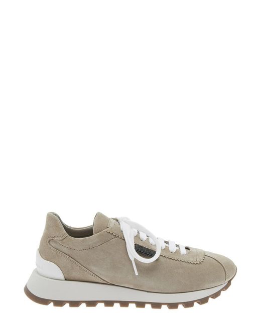 Brunello Cucinelli White Low Top Sneakers With Monil Detail On The Side And Embossed Logo Lettering On The Rear
