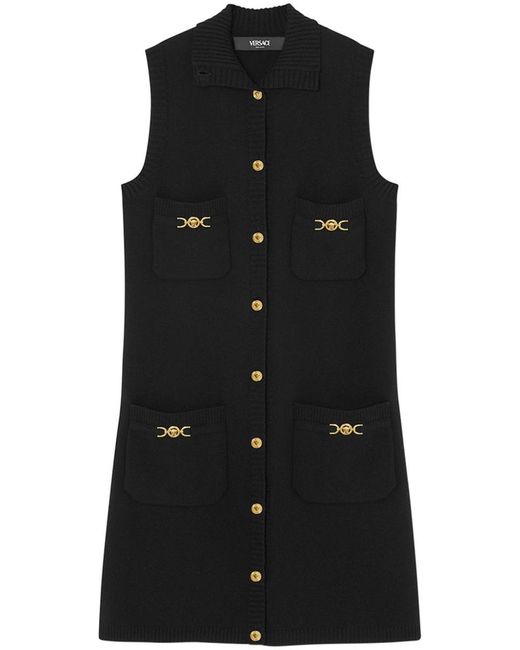 Versace Black Sleeveless Short Dress In Virgin Wool And Cashmere