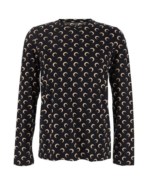 MARINE SERRE Black Crewneck Top With All-over Moon Print In Tech Fabric Stretch Woman
