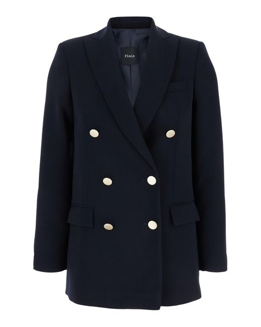 Plain Blue Double-Breasted Jacket With Golden Buttons