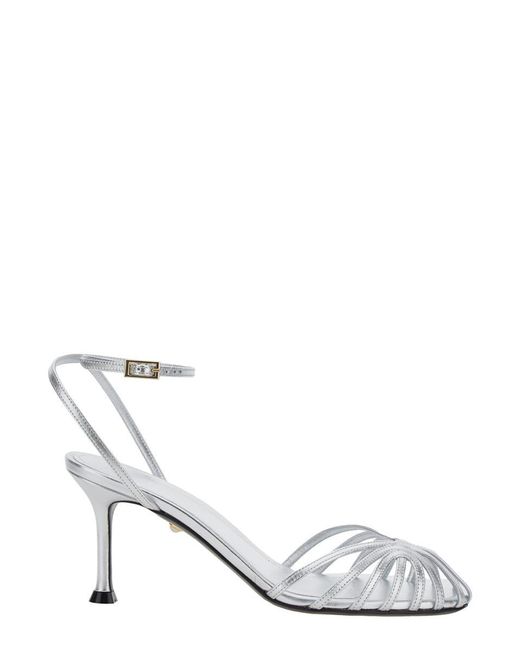 ALEVI White 'Ally-75' Metallic Pumps With Adjustable Ankle Strap And Heel