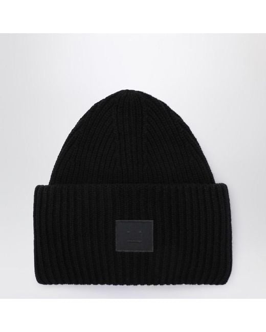 Acne Black Large Face Logo Beanie for men