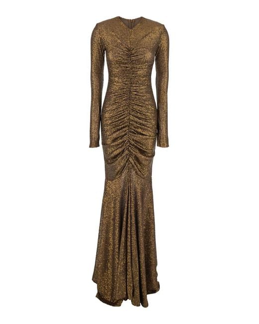 Norma Kamali Natural Metallic Long Dress With V-Neck And Sequin Decorations