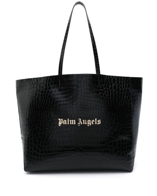 Palm Angels Black Crocodile-Embossed Leather Tote Bag for men