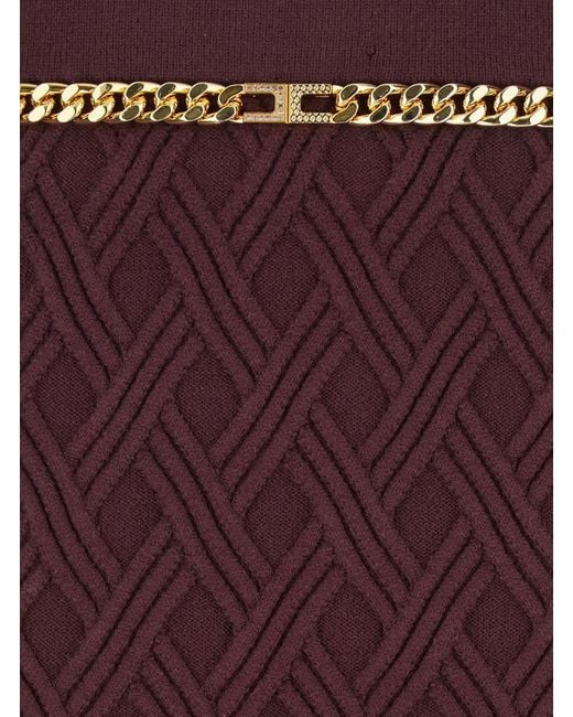 Elisabetta Franchi Purple Bordeaux Diamond Quilted Midi Skirt With Chain Belt On The Waist In Wool Woman