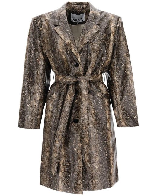 Ganni Brown Snake-effect Faux Leather Trench Coat