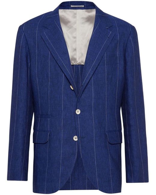 Brunello Cucinelli Blue Linen Pinstriped Blazer Jacket for men