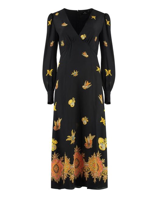 Etro Black Embroidered Long-sleeve Silk Dress