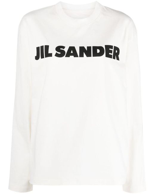 Jil Sander Black Crew Neck Long Sleeves T-Shirt With Ribbed Collar And Printed Logo On The Front