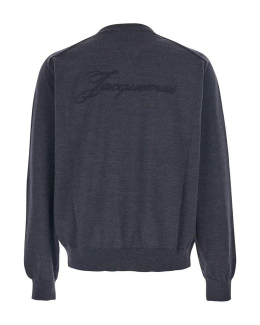 Jacquemus Blue Crew Neck Sweater With Back Logo for men
