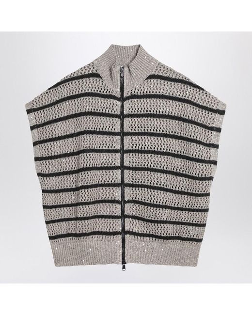 Brunello Cucinelli Gray Striped Mesh Cardigan