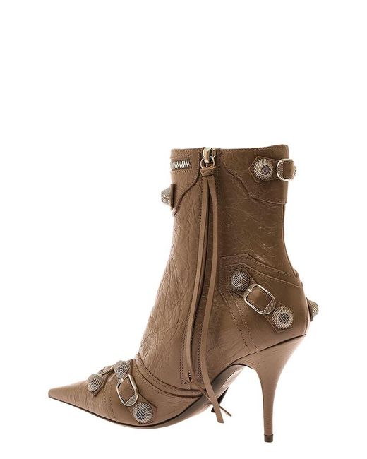 Balenciaga Brown 'Cagole' Pointed Bootie With Studs And Buckles