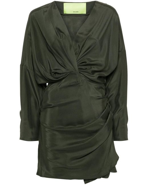 GAUGE81 Green Asuka Long Sleeve Pleated Silk Short Dress