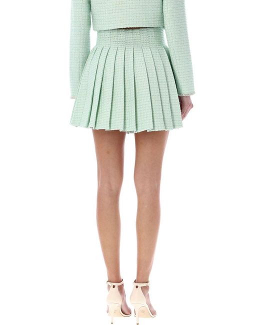 Self-Portrait Green Bouclé Pleated Mini Skirt