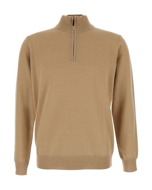 Kangra Cashmere Natural Sweater With High Neck And Half Zip Closure On The Front for men