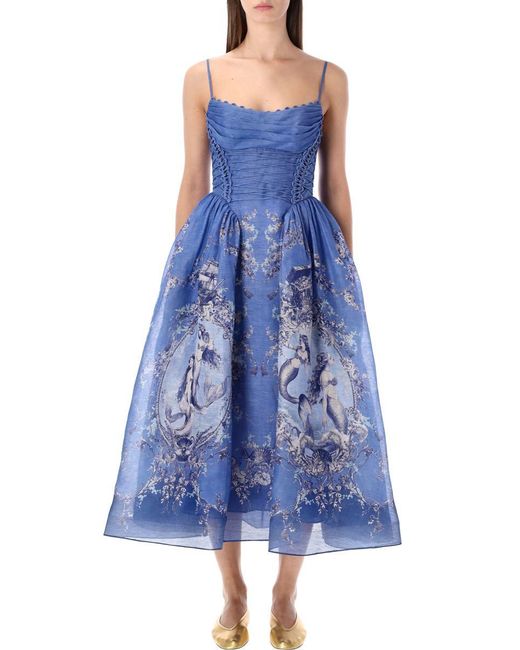 Zimmermann Blue Rebellion Silk-linen Midi Dress