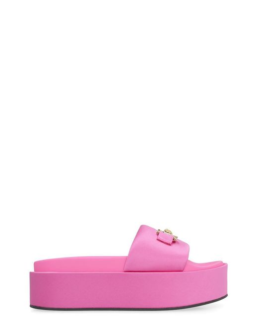 Versace Pink Logoed Satin Platform Slides
