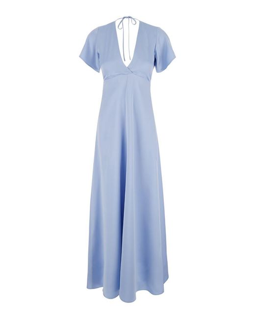 Plain Blue Short Sleeves Long Dress