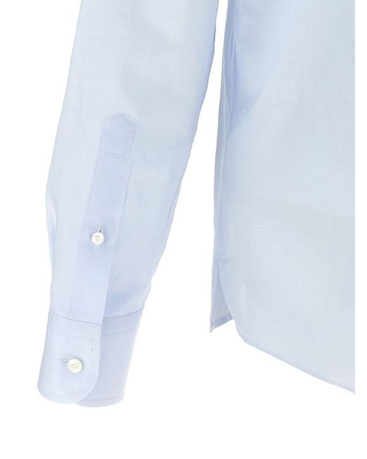 Zegna Blue Linen Blend Shirt With Three-Button Front for men