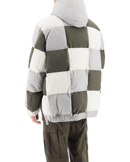 Sacai Gray Hooded Puffer Jacket With Checkerboard Pattern for men