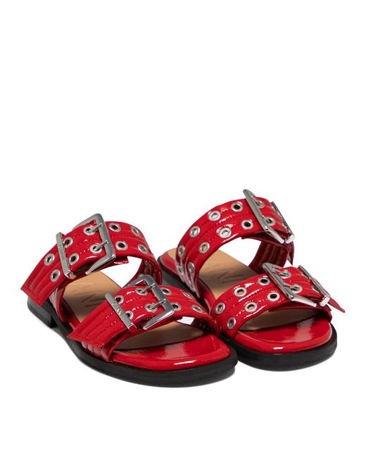 Ganni Red "Buckle Two-Strap" Sandals