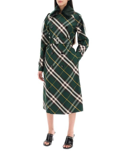 Burberry Green Kensington Trench Coat With Check Pattern