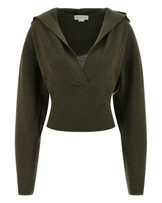 Stella McCartney Green Cropped Virgin Wool Hooded Sweater