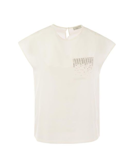 Peserico White Crepe De Chine Top With Sequin Pocket
