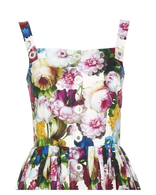 Dolce & Gabbana White Flower Print Midi Cotton Dress