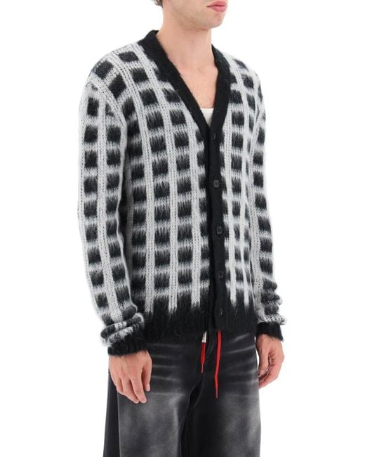 Marni Black Brushed-yarn Cardigan With Check Pattern for men