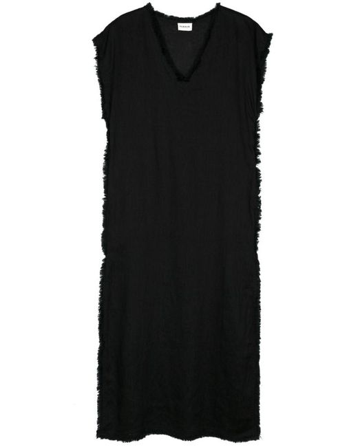 P.A.R.O.S.H. Black Frayed Linen Midi Dress