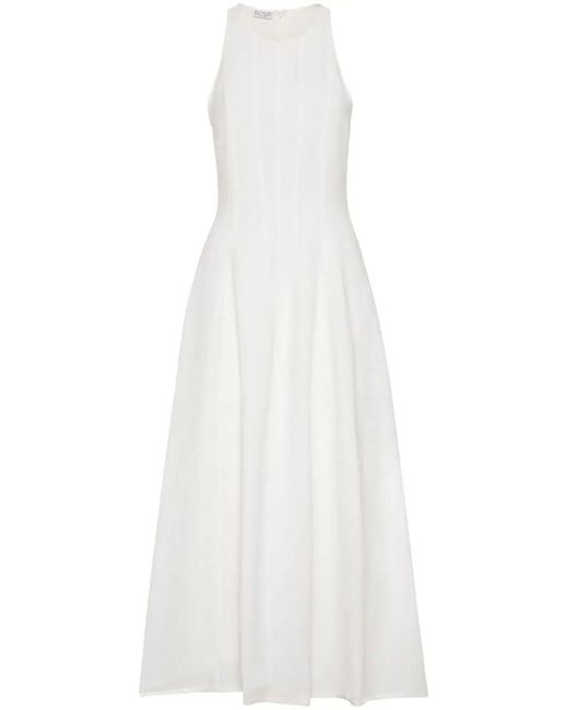 Brunello Cucinelli White Long Sleeveless Pleated Dress