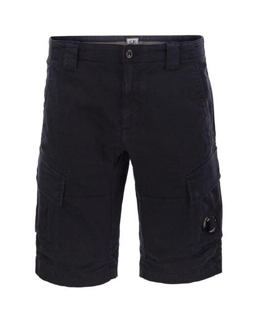 C P Company Black Stretch Cotton Satin Cargo Shorts for men