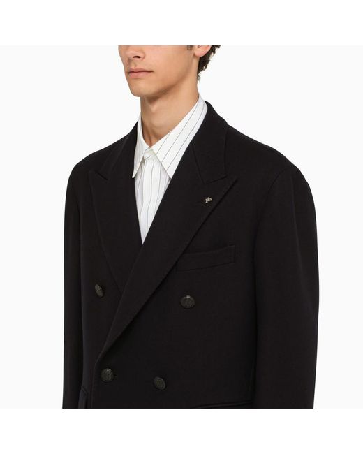 Tagliatore Black Blue Wool Double Breasted Coat for men