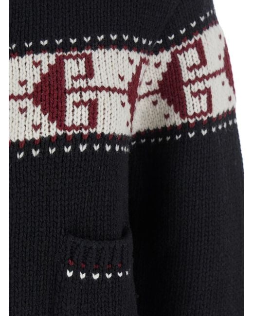 Seafarer Black Sweater With Spread Collar And Fair Isle Motif