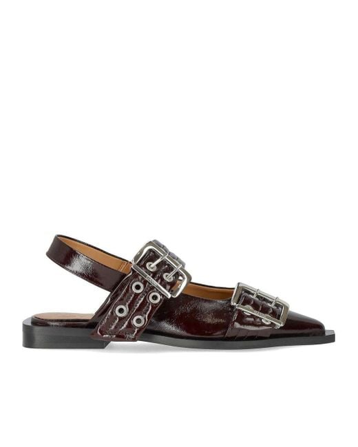 Ganni Brown Burgundy Slingback Ballet Flat Shoe With Buckles