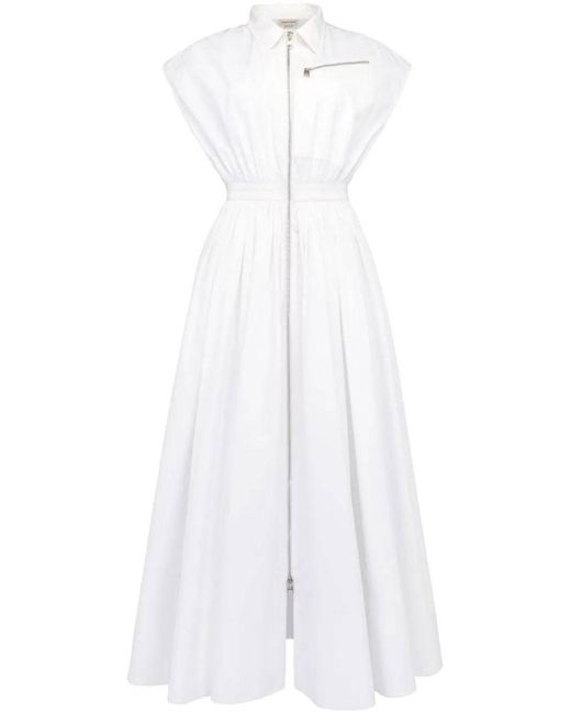 Alexander McQueen White Cap-sleeved Flared Dress - Women's - Cotton