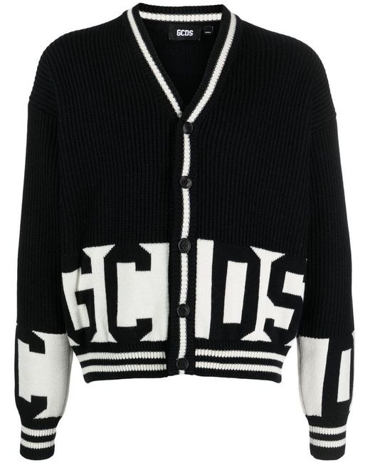 Gcds Black Intarsia-knit Logo Cardigan for men