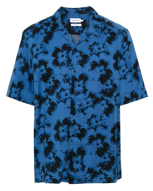 Calvin Klein Blue Floral-Print Lyocell Shirt for men