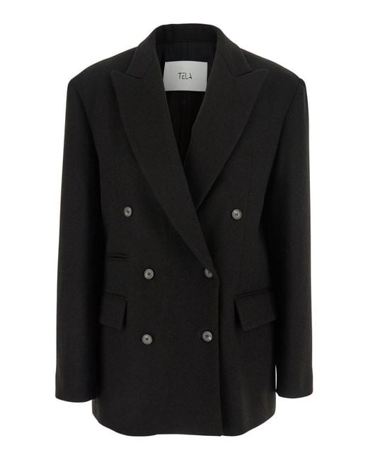 Tela Black 'Frost' Double-Breasted Jacket With Peak Revers