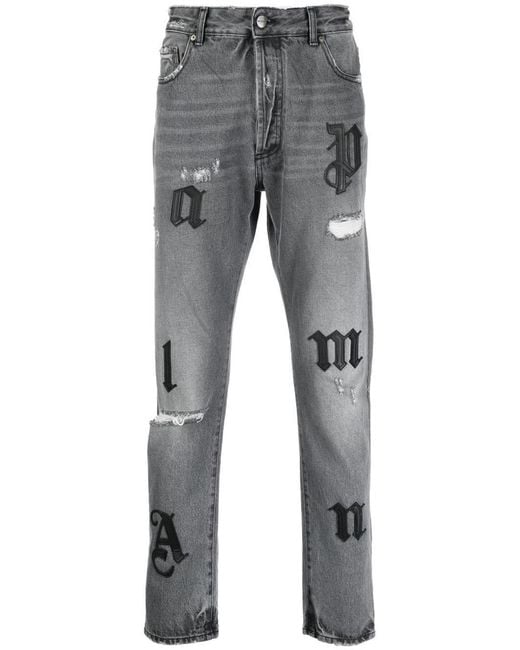Palm Angels Distressed Straight-leg Jeans in Gray for Men | Lyst