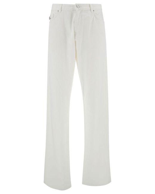 Versace White Five-pocket Jeans With Logo Patch In Cotton Denim Man for men