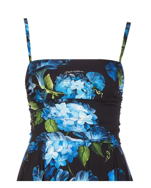 Dolce & Gabbana Blue Flower Print Silk Midi Dress