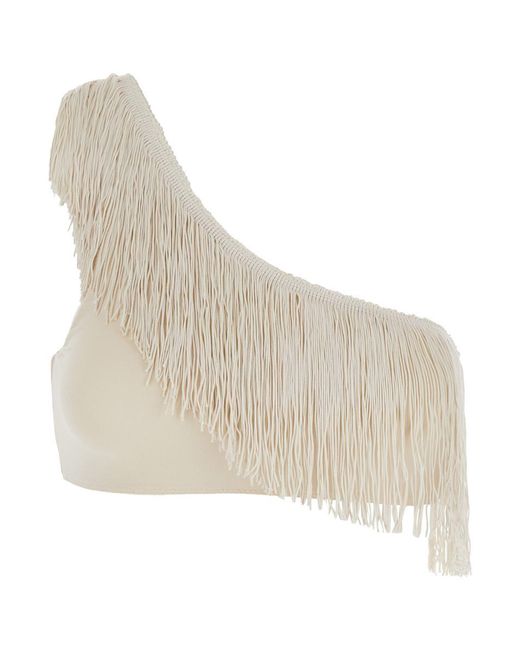 Forte Forte Natural Beige One-shoulder Top With Fringe Embellishments In Tech Fabric Stretch Woman