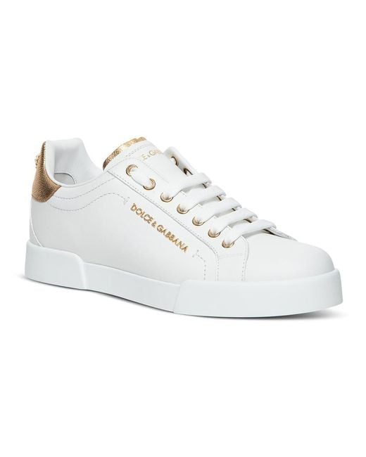 Dolce & Gabbana White Portofino Leather Sneakers With Metallic Inserts