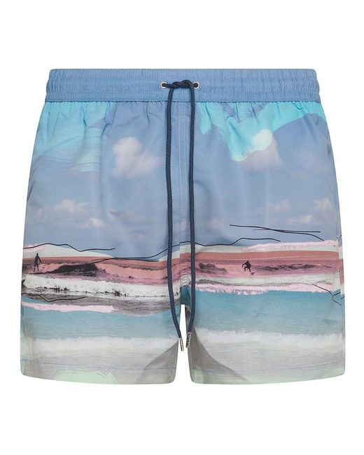 Paul Smith Blue Swim Shorts With All-Over Print And Drawstring Waist for men