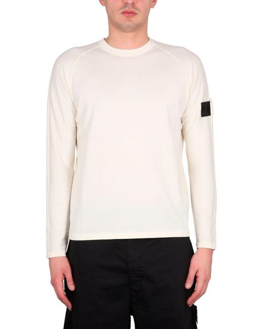 Stone Island Shadow Project White Crewneck Sweater With Logo Patch for men